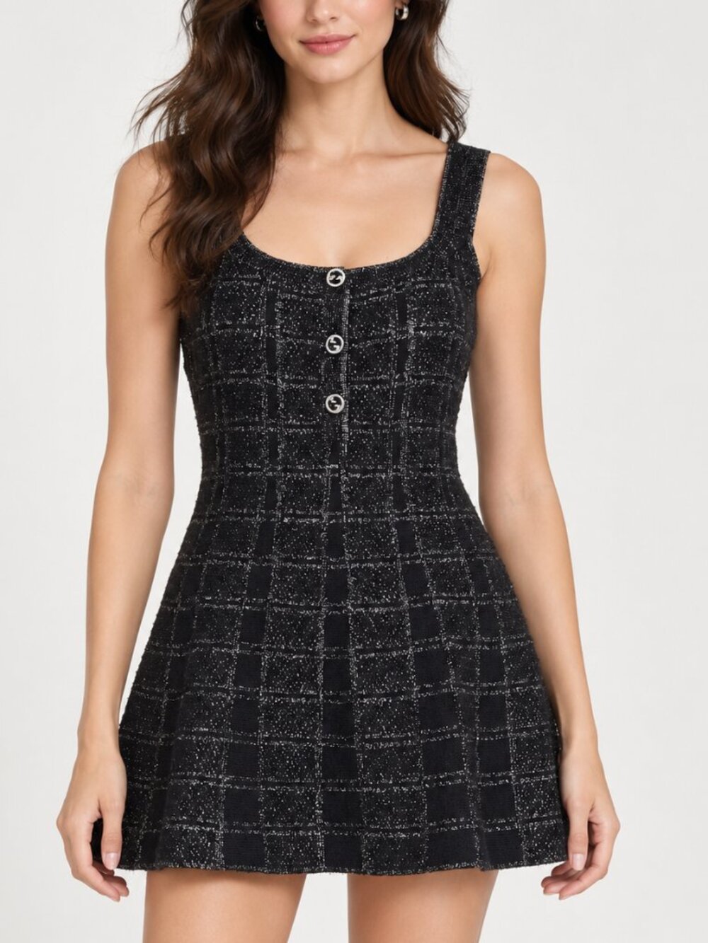GUCCI NWT $2400 black silver lame check jacquard vintage GG button dress Medium